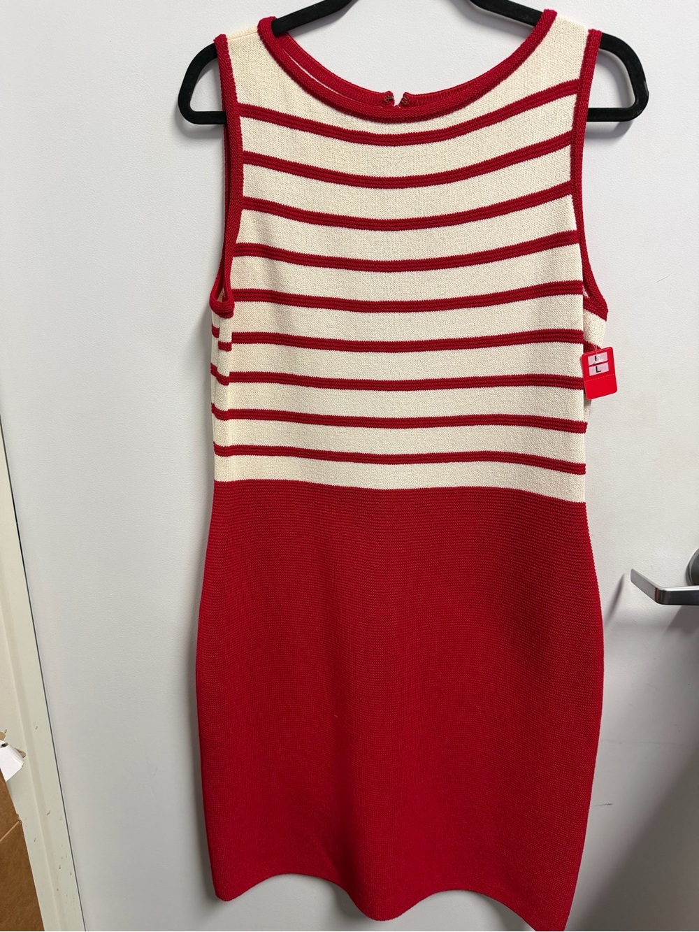 Sleeveless Red and Cream Striped Knit Sheath Dress